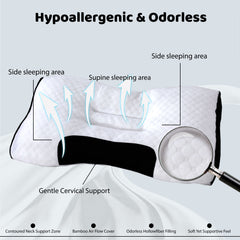 Bamboo Filled Pillow (Pack of 2) Standard Size Ergonomic Bed Pillows with Zipper, Virgin Hollow Fiber, Hypoallergenic, Breathable, Cervical Neck Support for Side Sleepers (2, White/AirFlow)