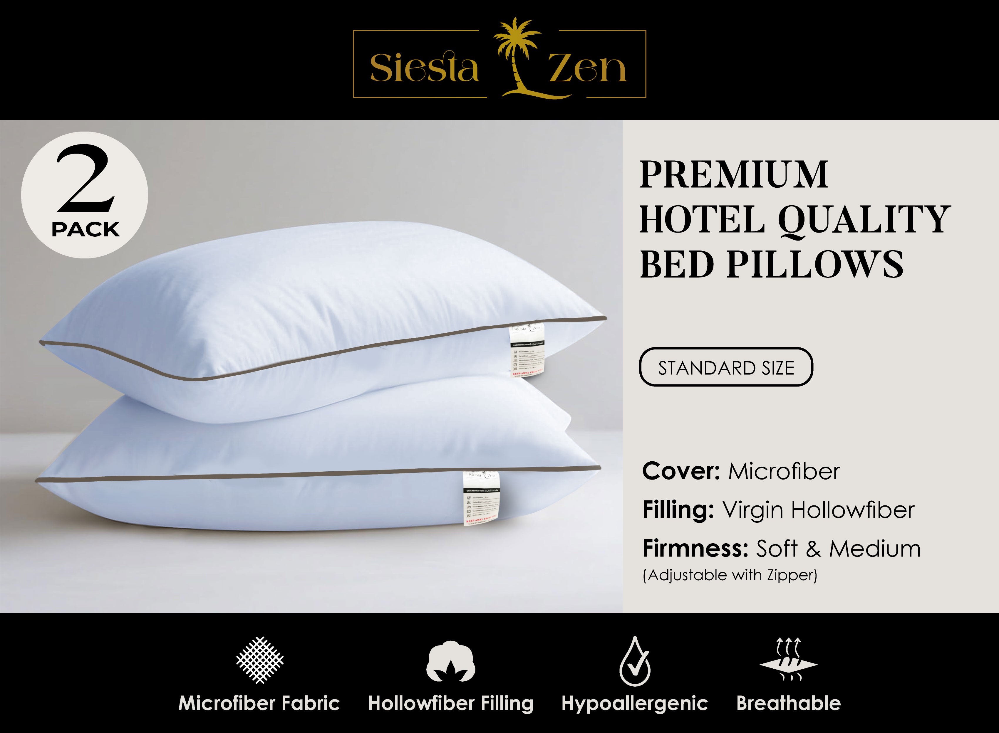 Hotel Quality Pair of Standard Hollow-fiber Filled Pillow, Breathable, Hyperallergenic, Plush Hotel-Style Down Alternative, Medium-Firm Support, Quick bounce back (2, Single Piping Pillow)